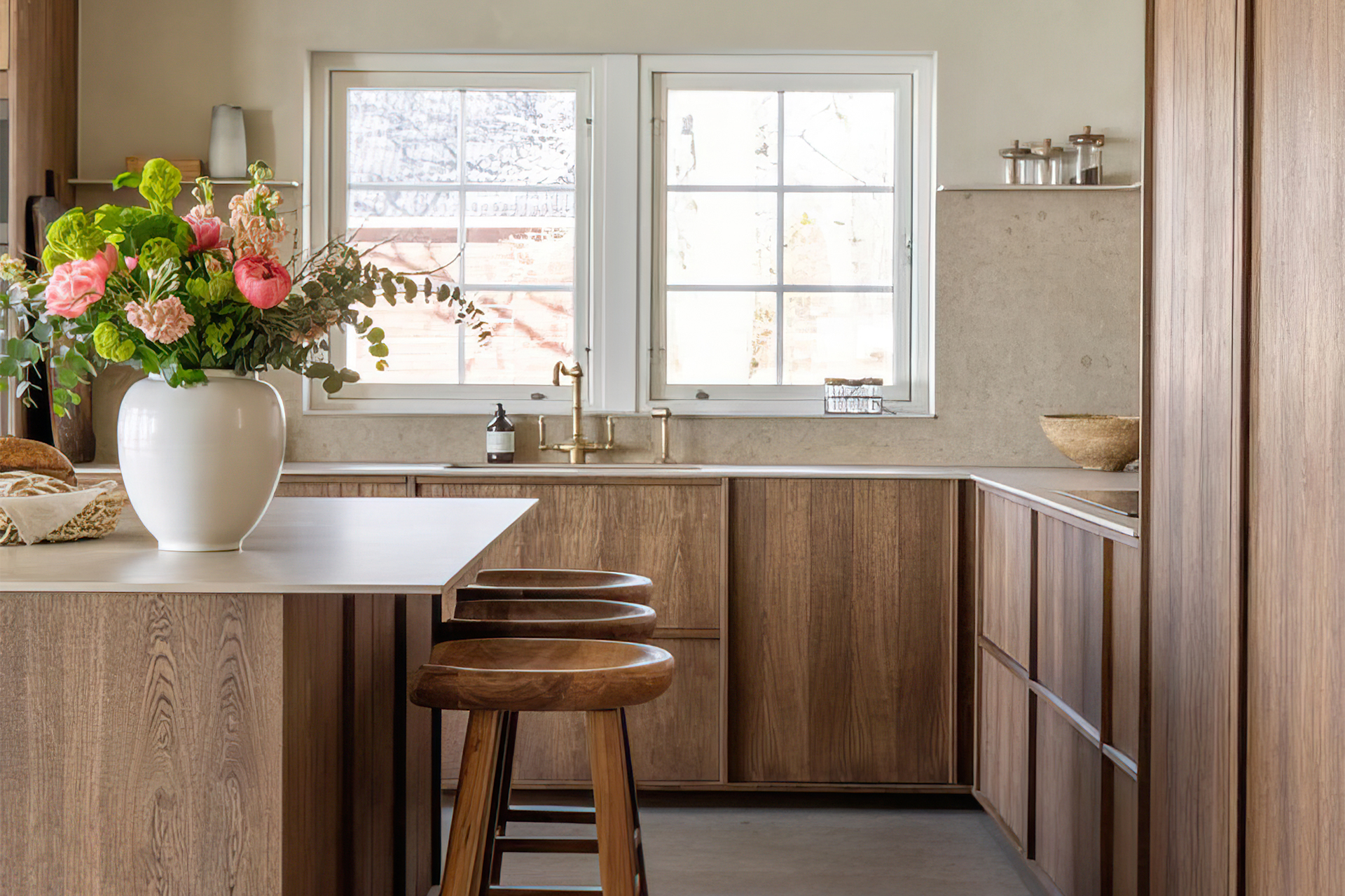 Close up view of wood-heavy kitchen.