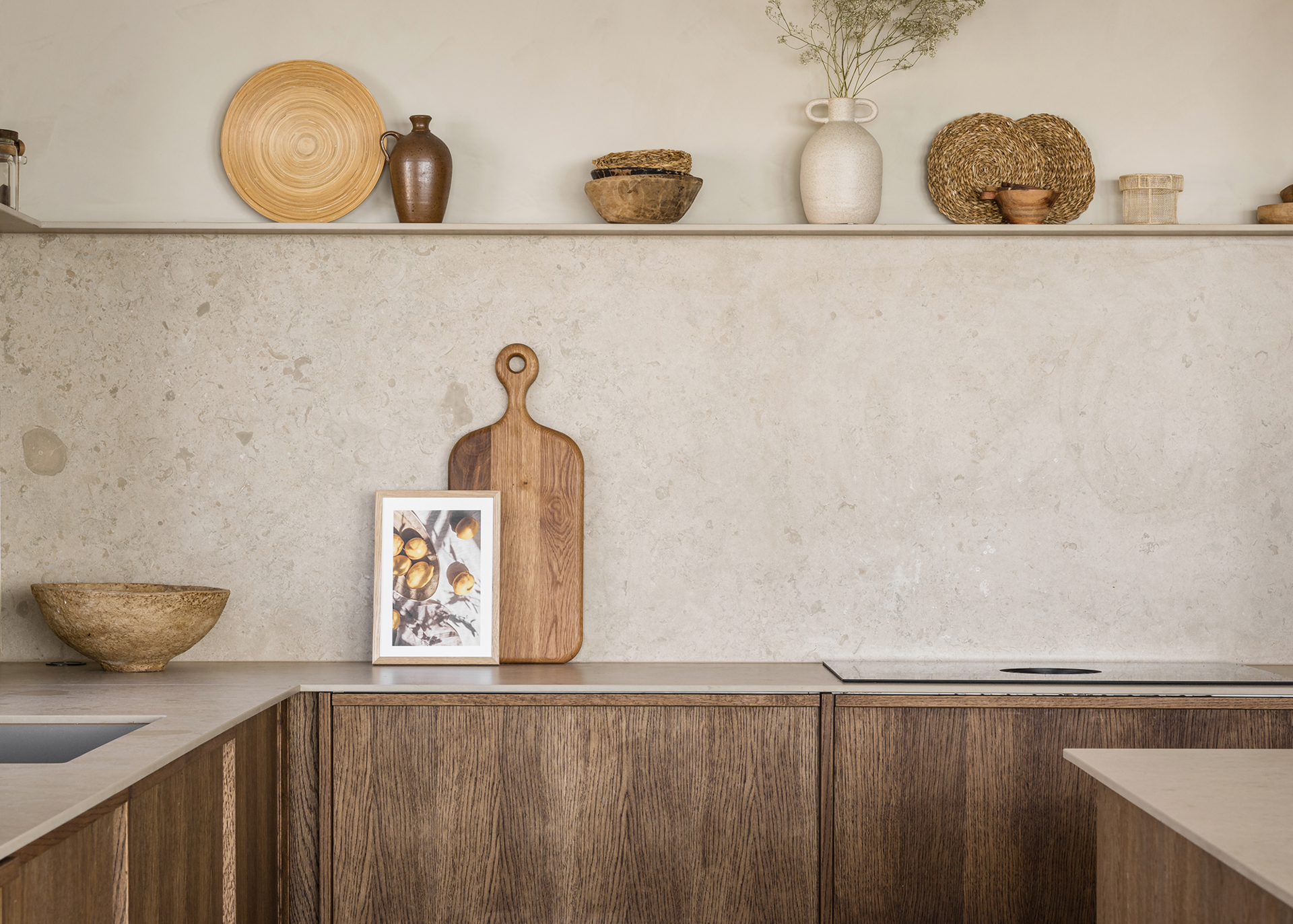 Close up view of countertop and kitchen accessories.